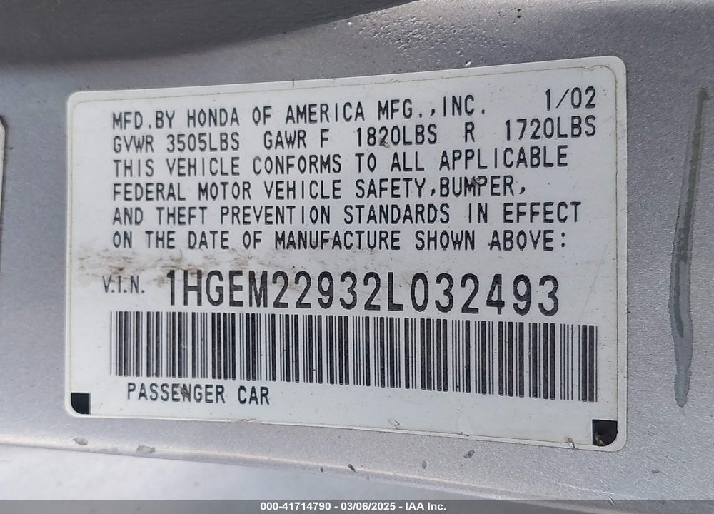 2002 HONDA CIVIC EX VIN: 1HGEM22932L032493