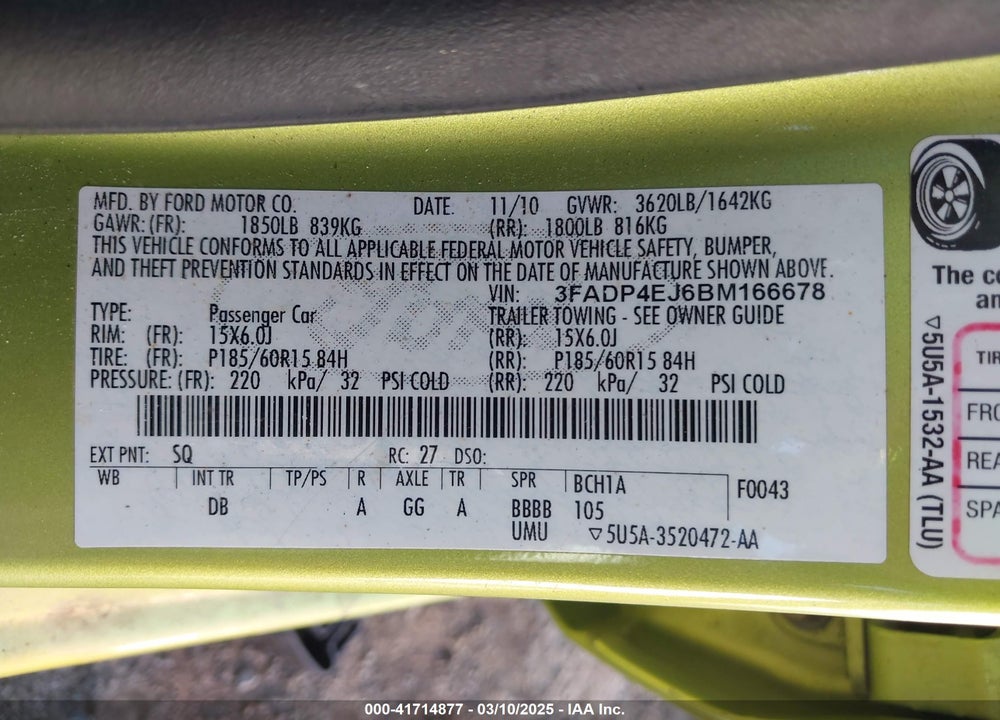2011 FORD FIESTA VIN: 3FADP4EJ6BM166678