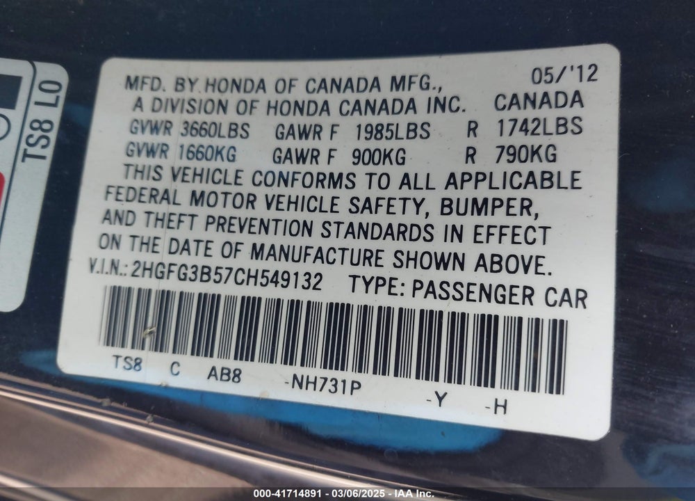 2012 HONDA CIVIC VIN: 2HGFG3B57CH549132