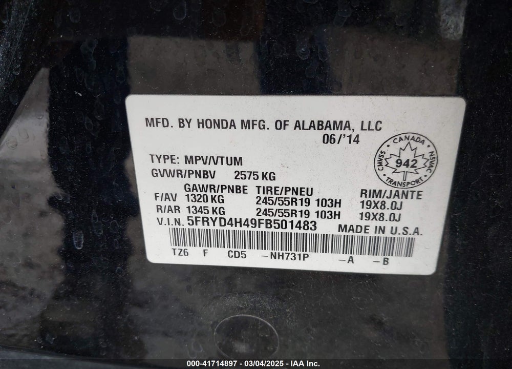 2015 ACURA MDX TECHNOLOGY PACKAGE VIN: 5FRYD4H49FB501483