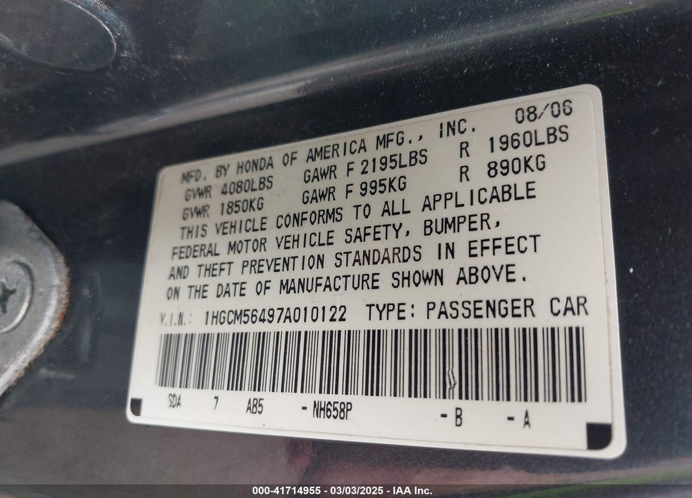 2007 HONDA ACCORD VIN: 1HGCM56497A010122