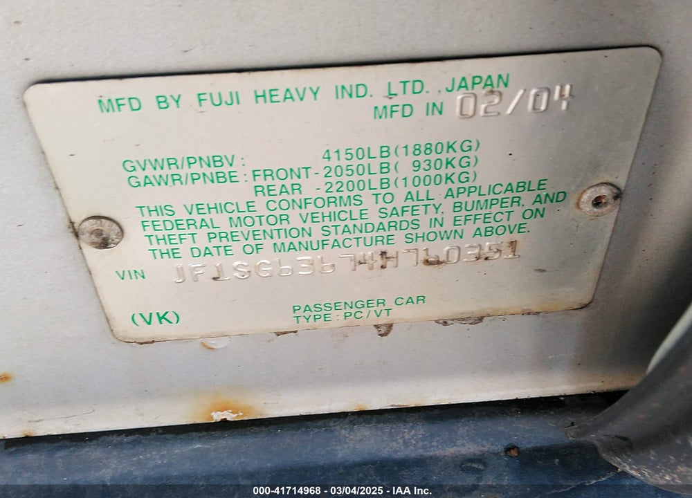 2004 SUBARU FORESTER 2.5X VIN: JF1SG63674H760351