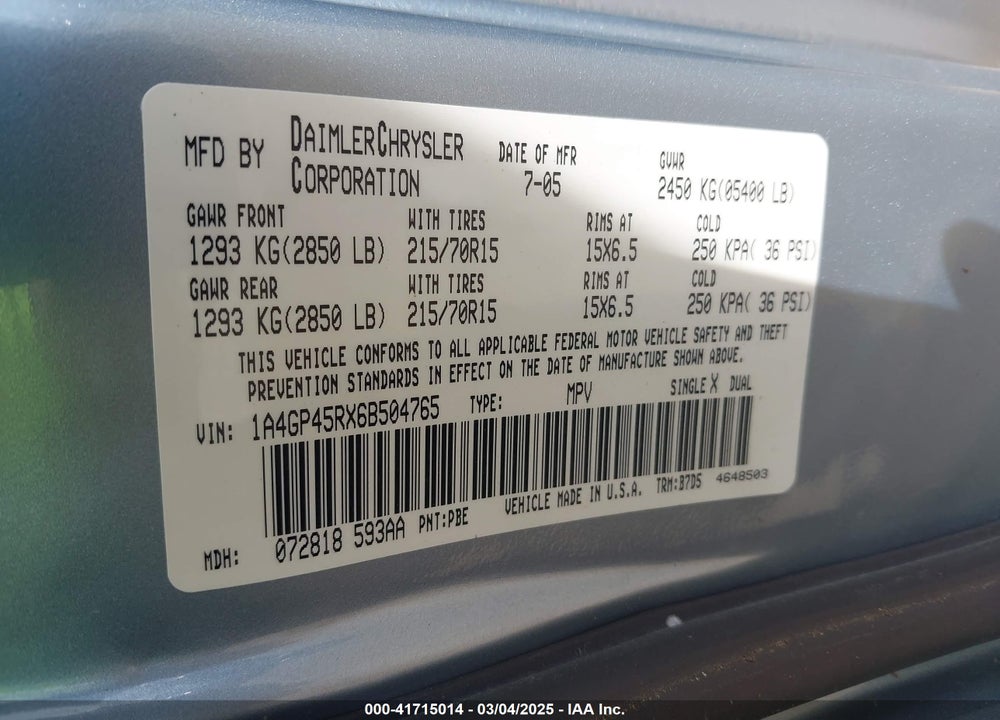 2006 CHRYSLER TOWN & COUNTRY VIN: 1A4GP45RX6B504765
