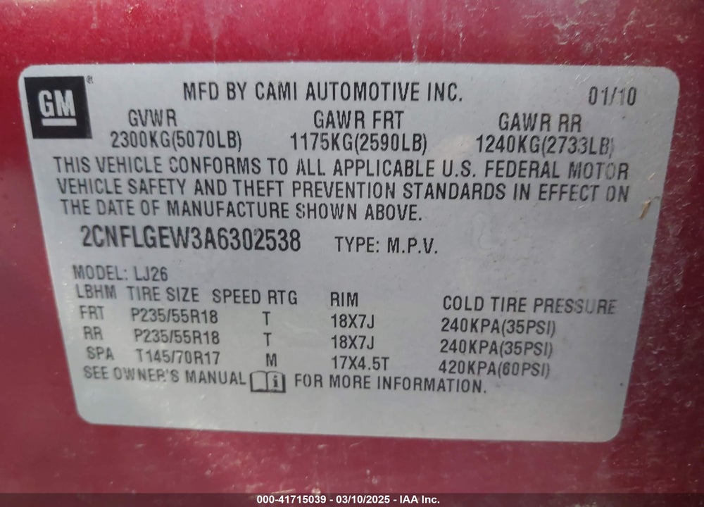 2010 CHEVROLET EQUINOX LTZ VIN: 2CNFLGEW3A6302538