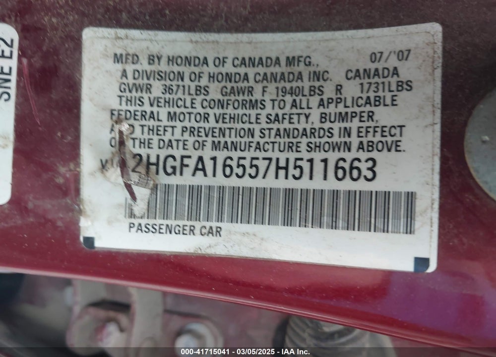 2007 HONDA CIVIC VIN: 2HGFA16557H511663