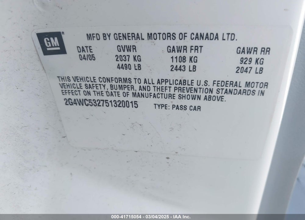 2005 BUICK LACROSSE CX VIN: 2G4WC532751320015