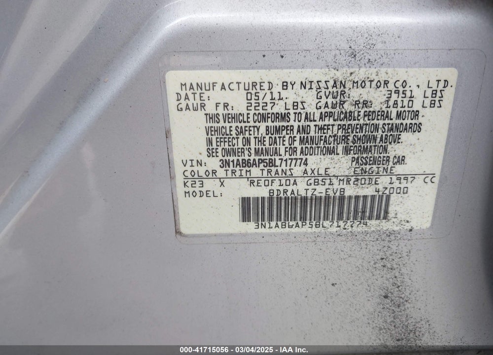 2011 NISSAN SENTRA VIN: 3N1AB6AP5BL717774