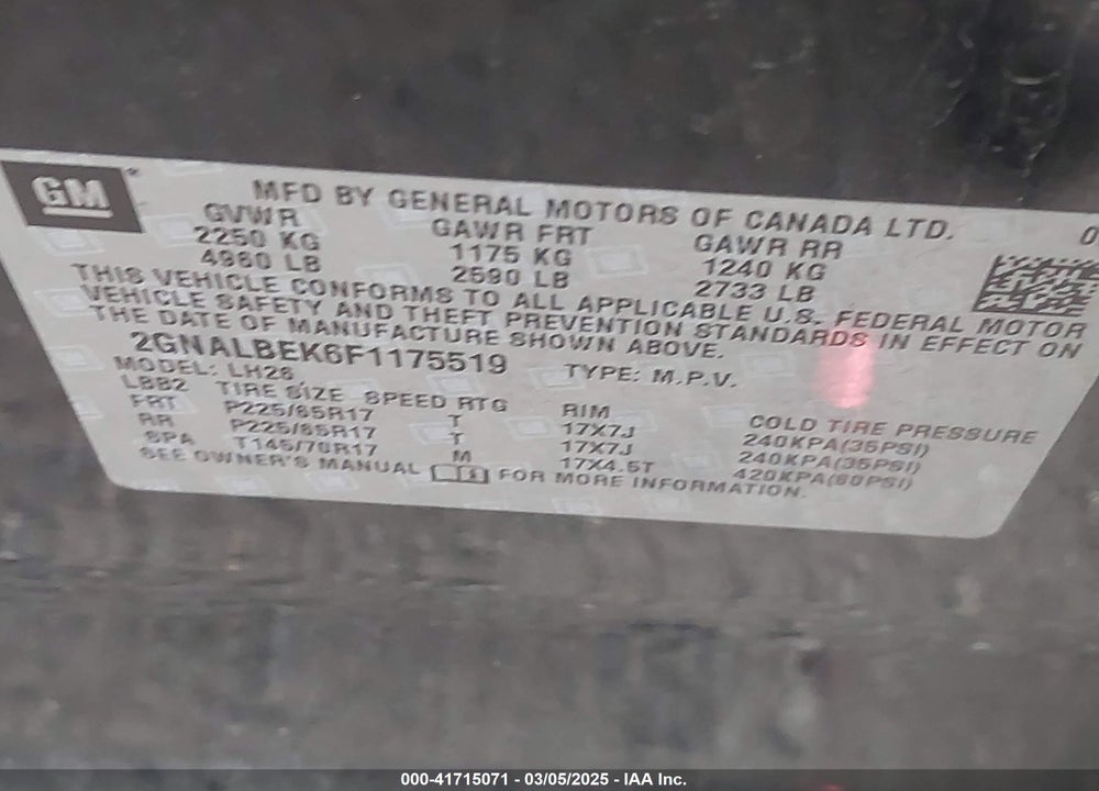 2015 CHEVROLET EQUINOX VIN: 2GNALBEK6F1175519