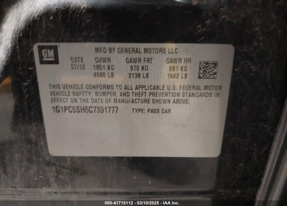 2012 CHEVROLET CRUZE VIN: 1G1PC5SH6C7391777