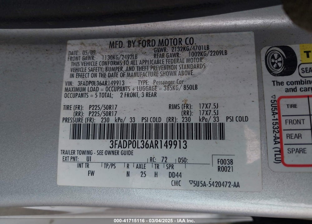 2010 FORD FUSION HYBRID VIN: 3FADP0L36AR149913