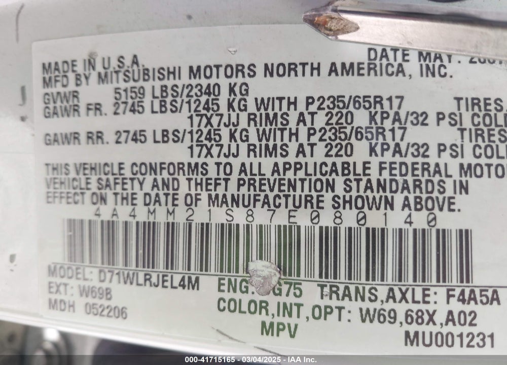 2007 MITSUBISHI ENDEAVOR LS VIN: 4A4MM21S87E080140