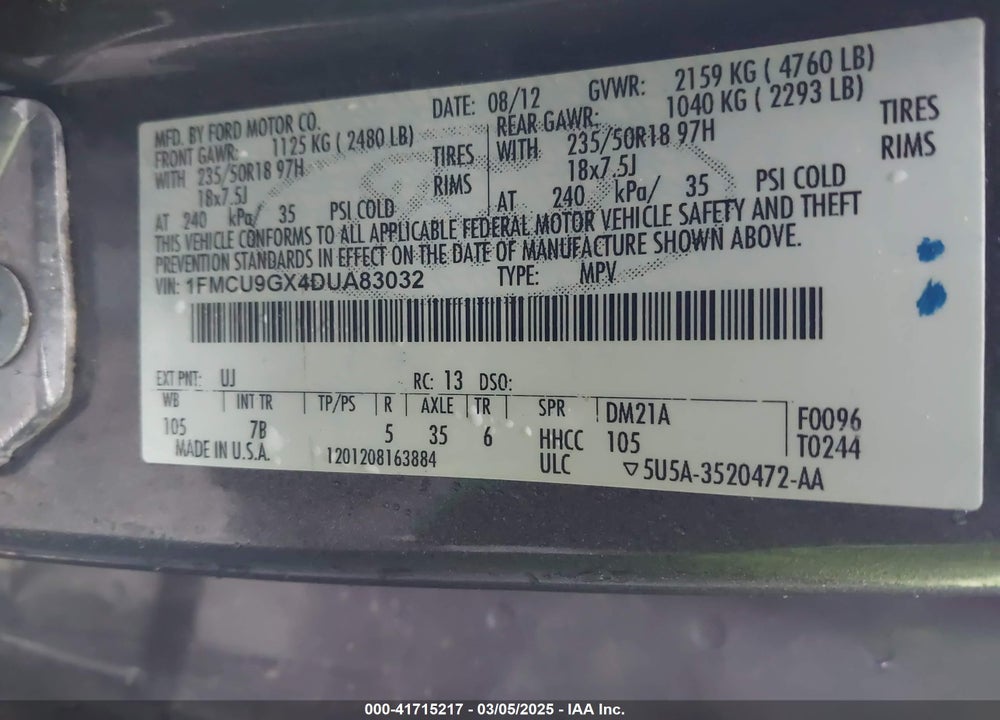 2013 FORD ESCAPE SE VIN: 1FMCU9GX4DUA83032