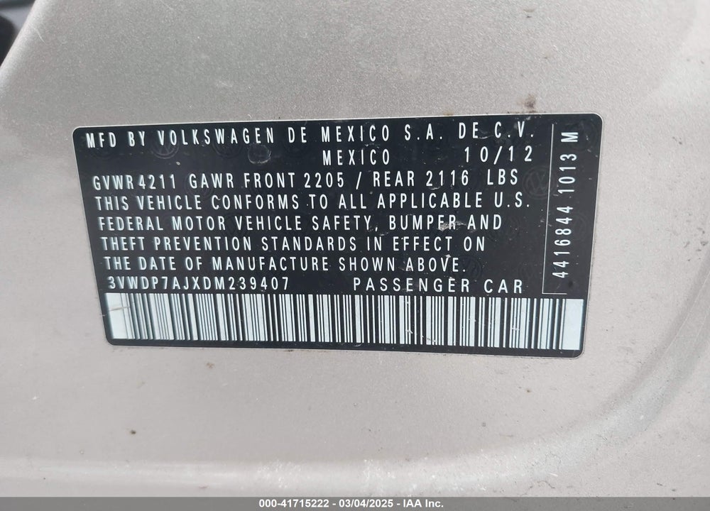 2013 VOLKSWAGEN JETTA VIN: 3VWDP7AJXDM239407