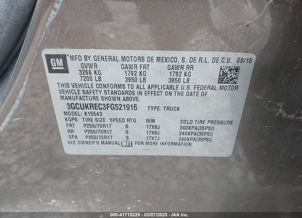 2015 CHEVROLET SILVERADO 1500 VIN: 3GCUKREC3FG521916