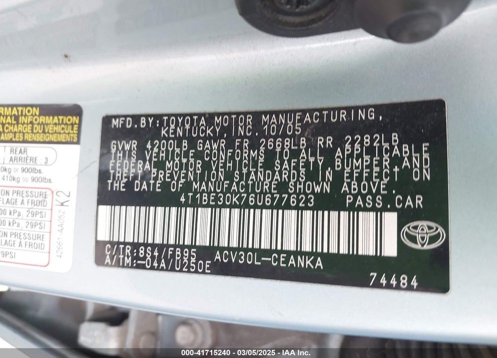 2006 TOYOTA CAMRY VIN: 4T1BE30K76U677623