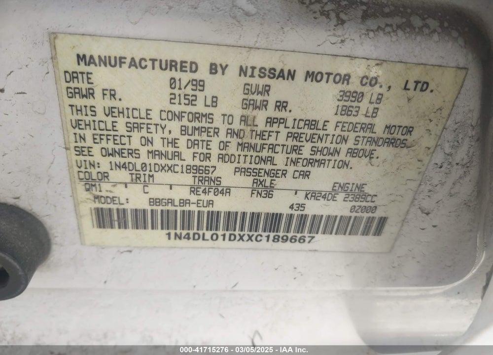 1999 NISSAN ALTIMA VIN: 1N4DL01DXXC189667