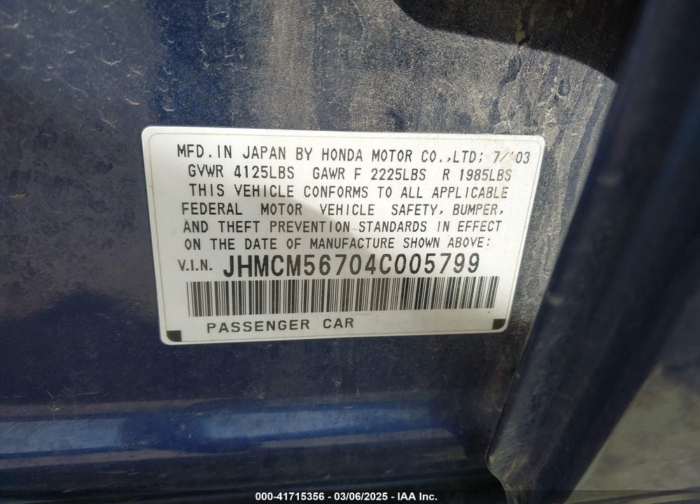 2004 HONDA ACCORD 2.4 EX VIN: JHMCM56704C005799