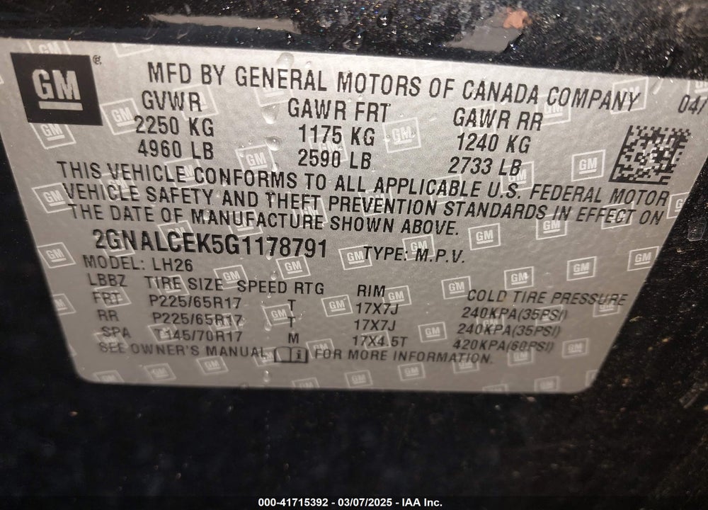 2016 CHEVROLET EQUINOX LT VIN: 2GNALCEK5G1178791