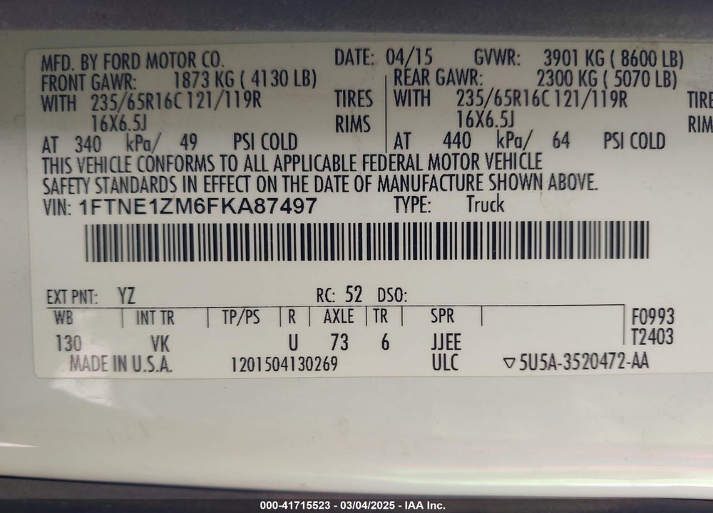 2015 FORD TRANSIT-150 VIN: 1FTNE1ZM6FKA87497