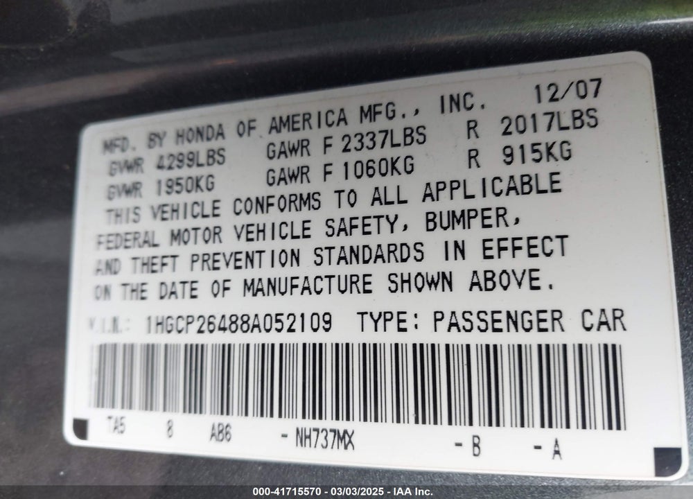 2008 HONDA ACCORD 2.4 LX-P VIN: 1HGCP26488A052109