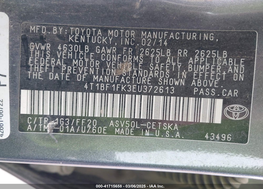 2014 TOYOTA CAMRY VIN: 4T1BF1FK3EU372613