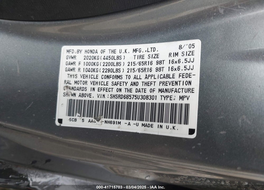 2005 HONDA CR-V VIN: SHSRD68575U308301