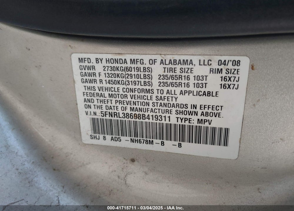 2008 HONDA ODYSSEY EX-L VIN: 5FNRL38698B419311