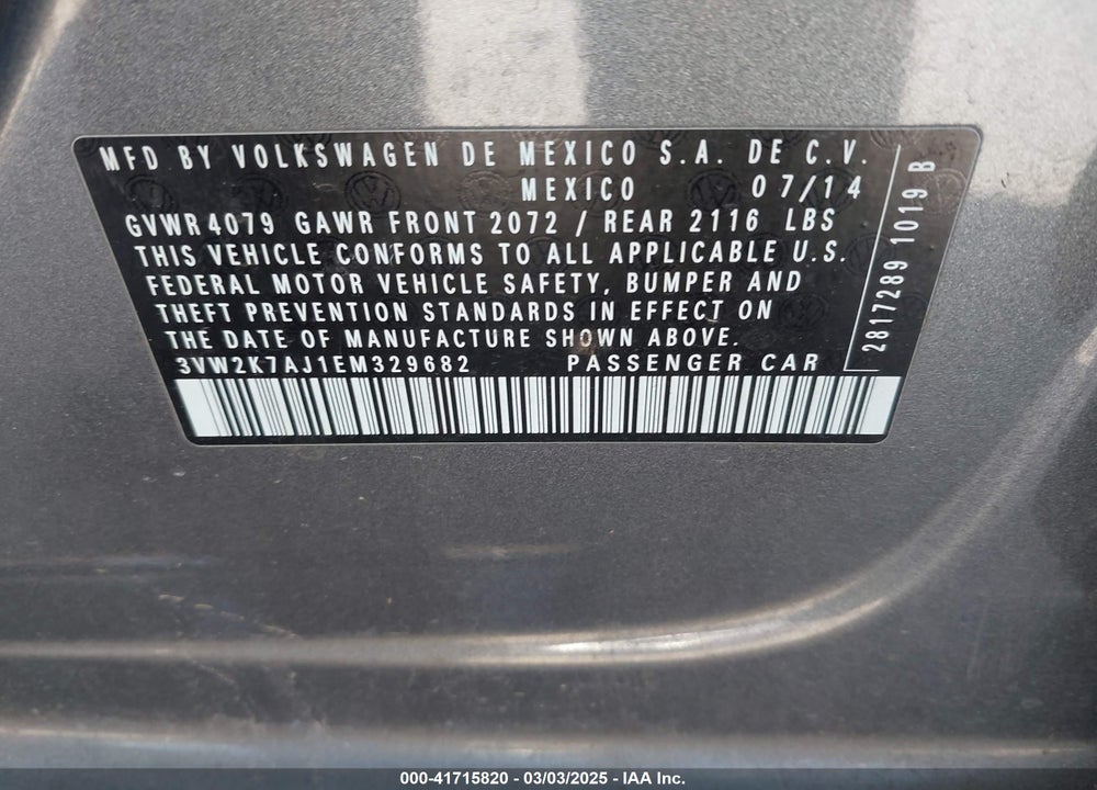 2014 VOLKSWAGEN JETTA VIN: 3VW2K7AJ1EM329682