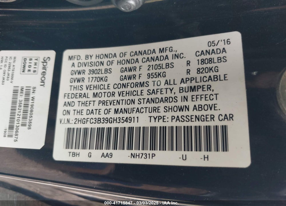 2016 HONDA CIVIC EX-T VIN: 2HGFC3B39GH354911