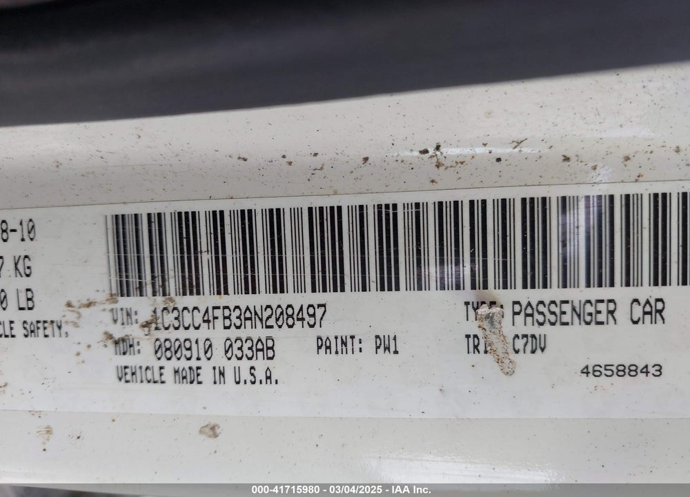 2010 CHRYSLER SEBRING VIN: 1C3CC4FB3AN208497