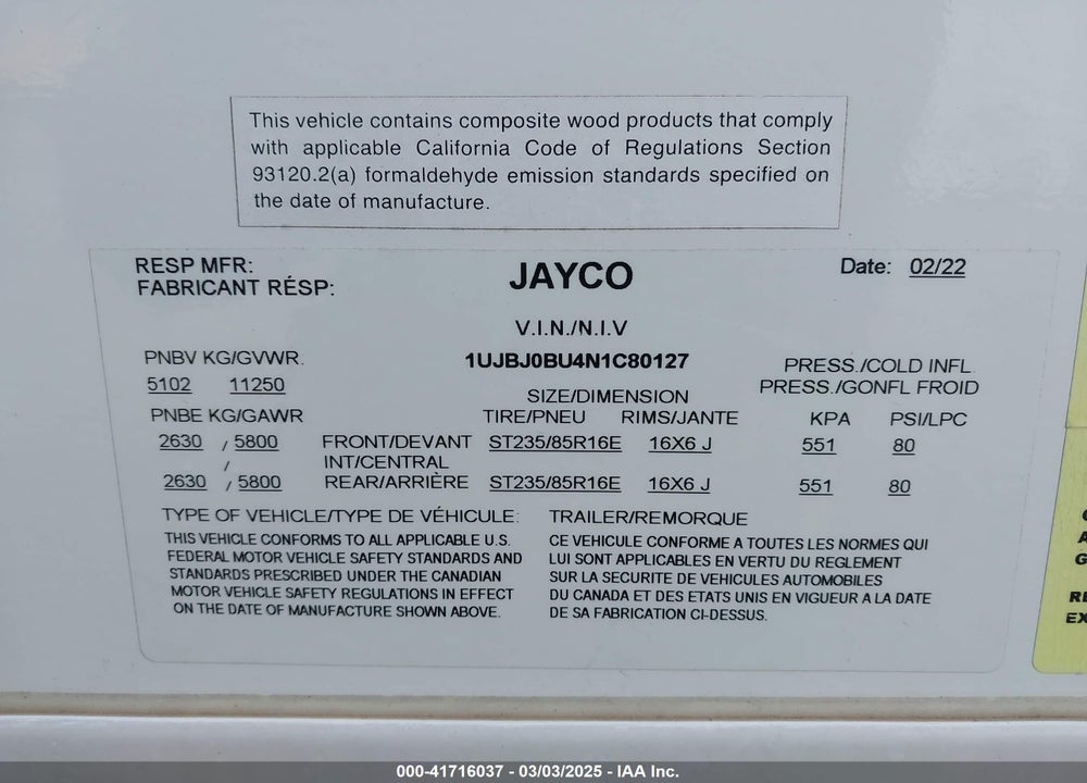 2022 UNKNOWN JAYCO VIN: 1UJBJ0BU4N1C80127