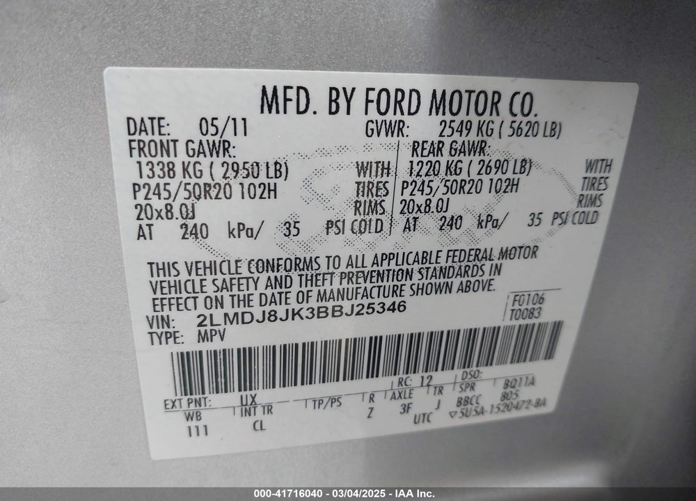 2011 LINCOLN MKX VIN: 2LMDJ8JK3BBJ25346