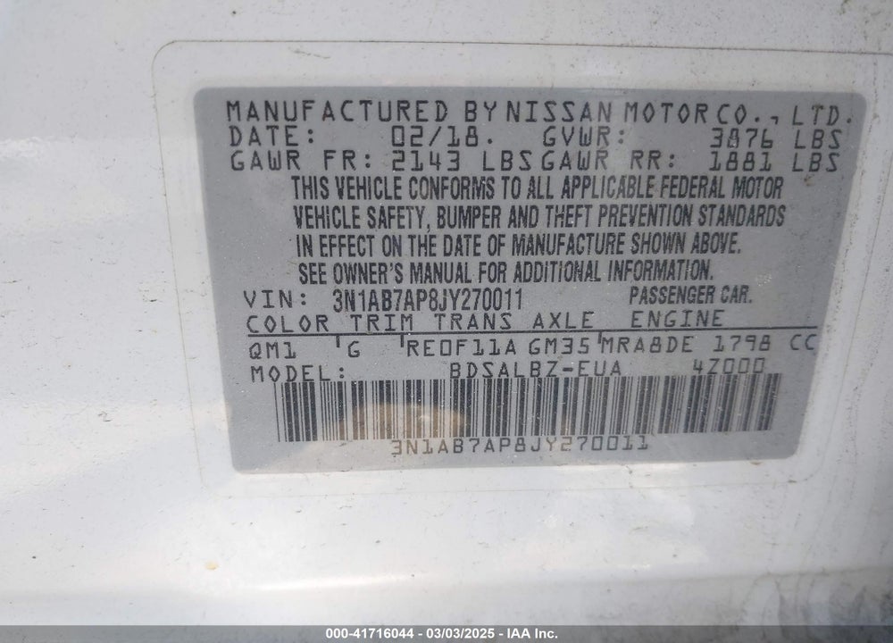 2018 NISSAN SENTRA VIN: 3N1AB7AP8JY270011