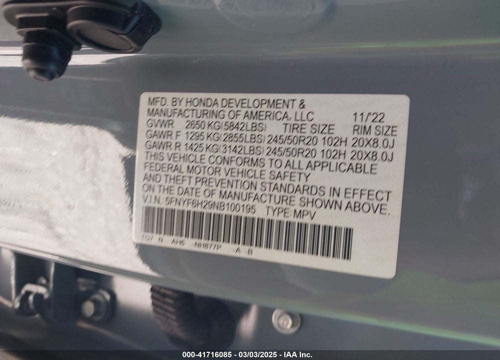 2022 HONDA PILOT VIN: 5FNYF6H29NB100195