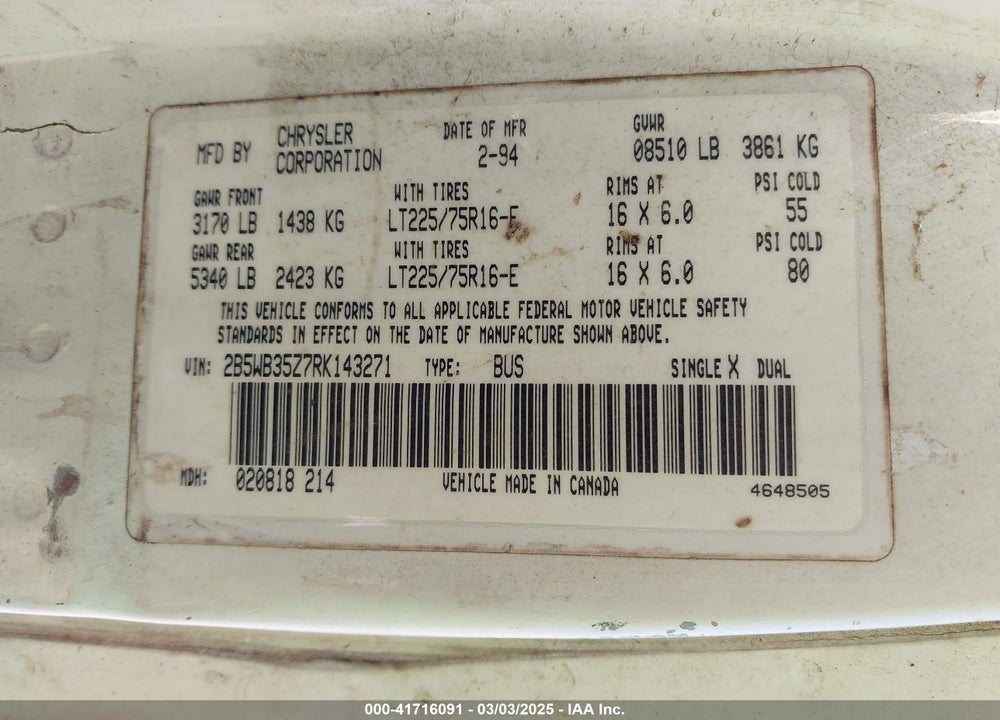 1994 DODGE RAM WAGON B350 VIN: 2B5WB35Z7RK143271