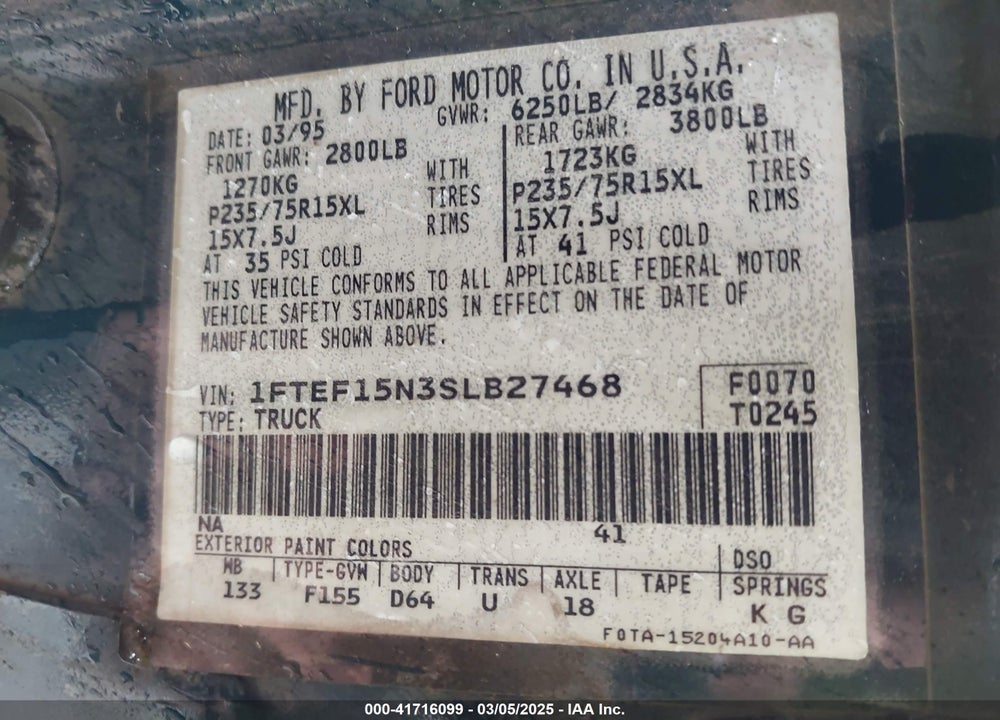 1995 FORD F150 VIN: 1FTEF15N3SLB27468