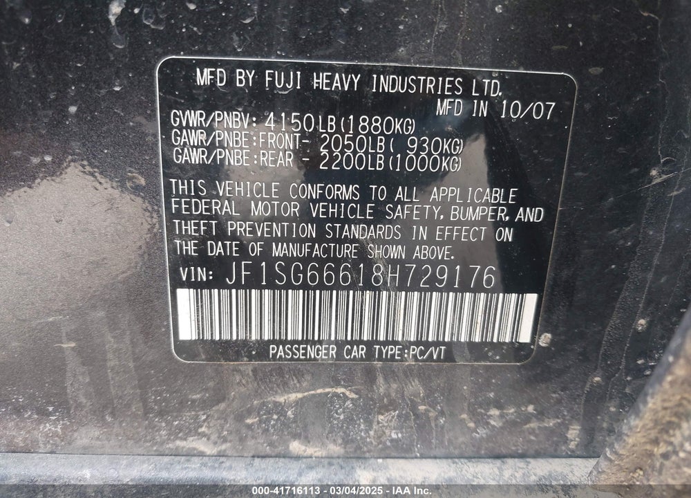 2008 SUBARU FORESTER SPORTS 2.5X VIN: JF1SG66618H729176