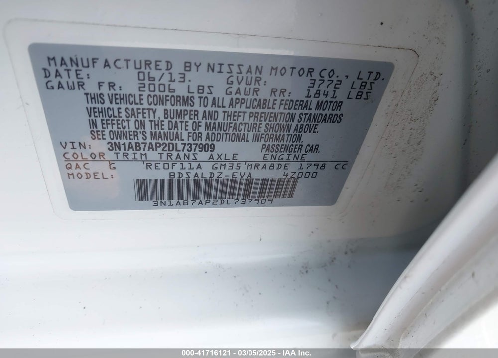 2013 NISSAN SENTRA VIN: 3N1AB7AP2DL737909