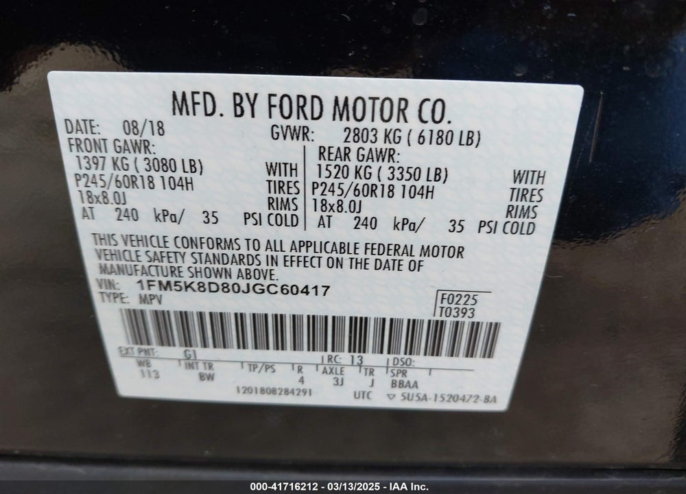 2018 FORD EXPLORER VIN: 1FM5K8D80JGC60417