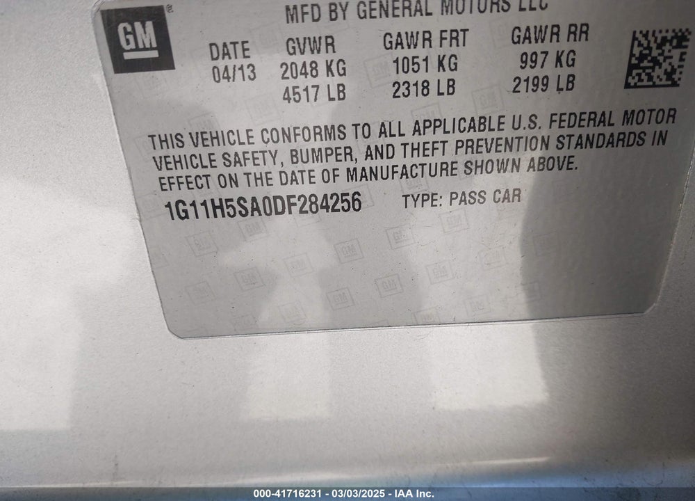 2013 CHEVROLET MALIBU VIN: 1G11H5SA0DF284256
