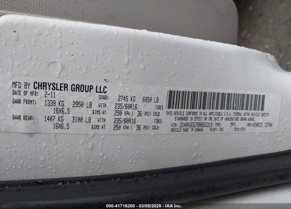 2011 DODGE GRAND CARAVAN MAINSTREET VIN: 2D4RN3DG7BR663319
