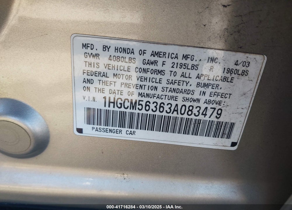 2003 HONDA ACCORD VIN: 1HGCM56363A083479