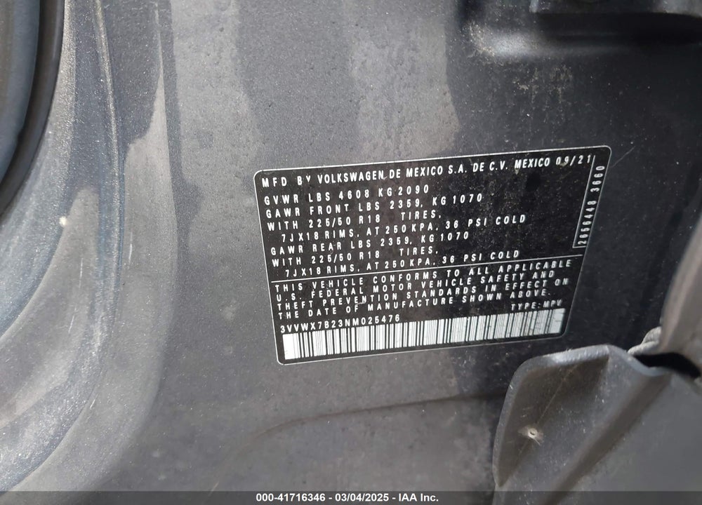 2022 VOLKSWAGEN TAOS VIN: 3VVWX7B23NM025476