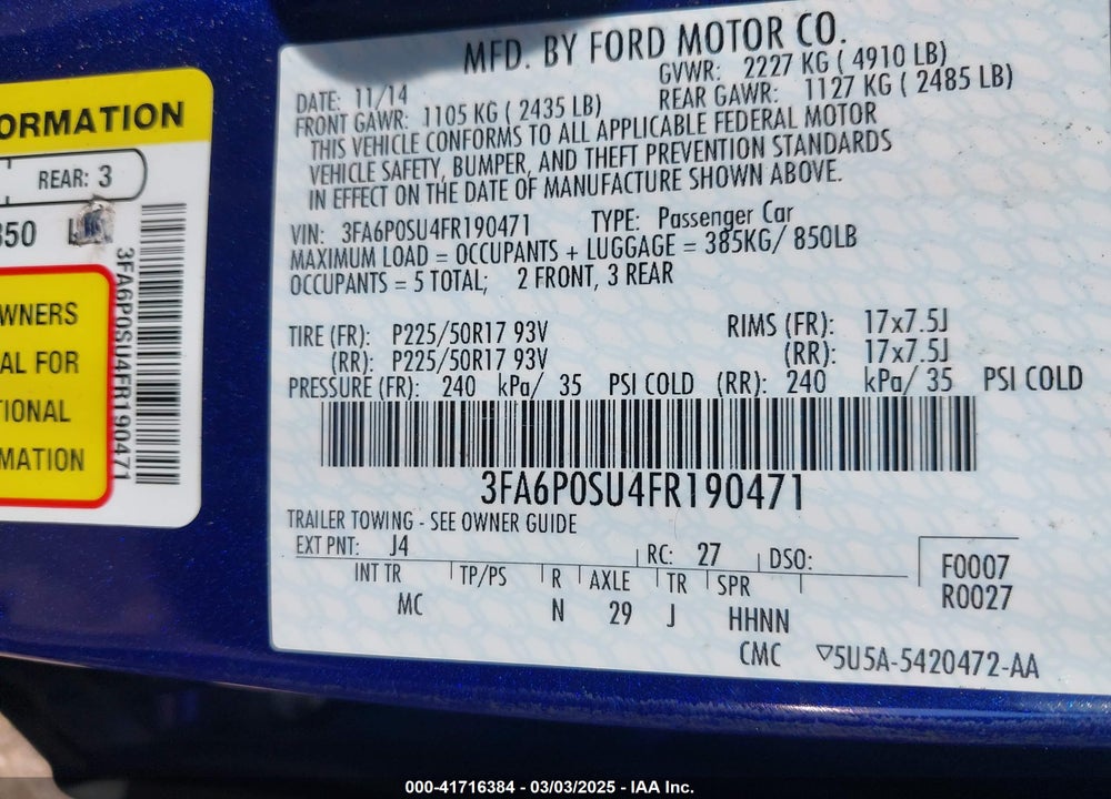 2015 FORD FUSION ENERGI VIN: 3FA6P0SU4FR190471