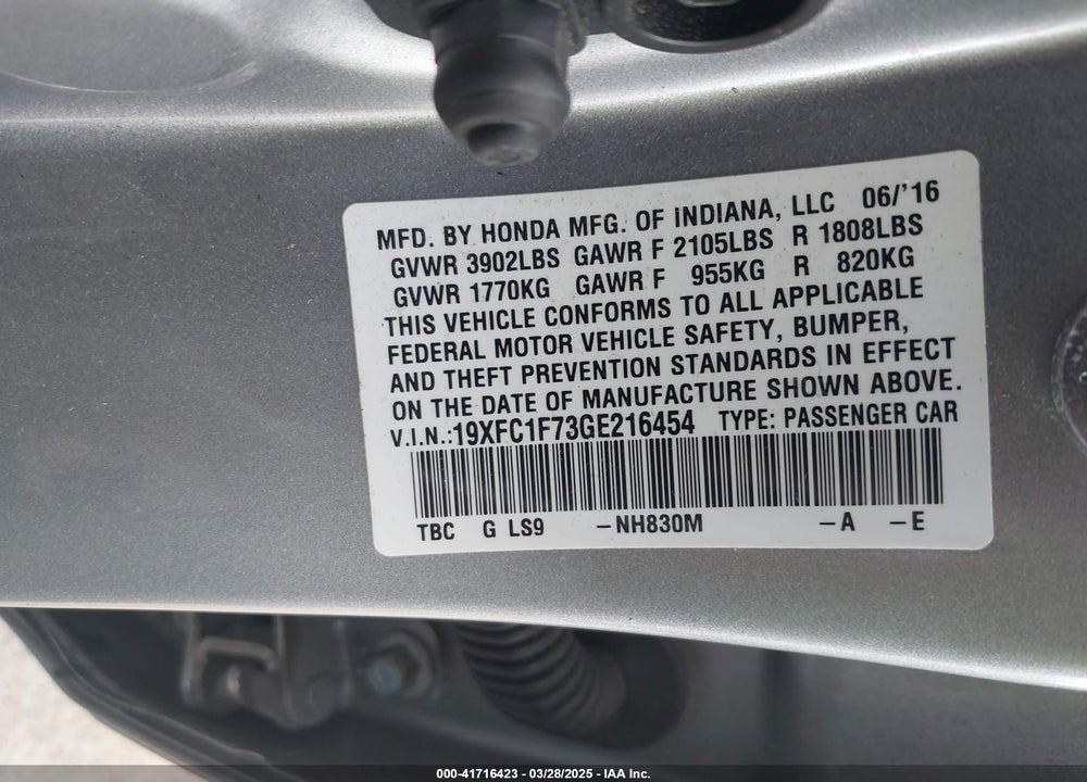 2016 HONDA CIVIC VIN: 19XFC1F73GE216454