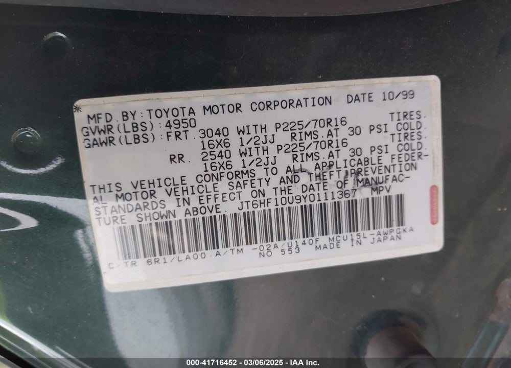 2000 LEXUS RX 300 VIN: JT6HF10U9Y0111367