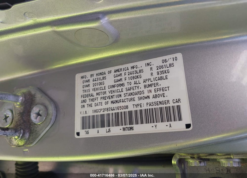 2010 HONDA ACCORD VIN: 1HGCP2F87AA165008