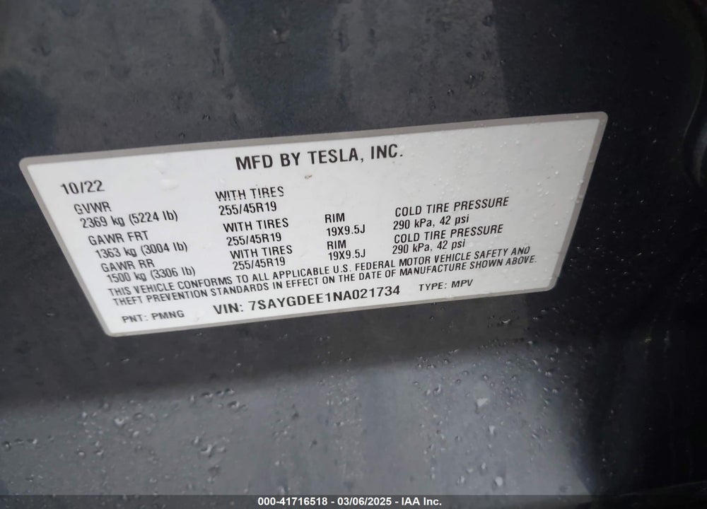 2022 TESLA MODEL Y LONG RANGE DUAL MOTOR ALL-WHEEL DRIVE VIN: 7SAYGDEE1NA021734