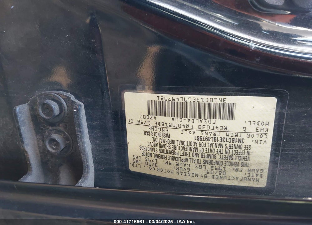 2009 NISSAN VERSA VIN: 3N1BC13E19L497981