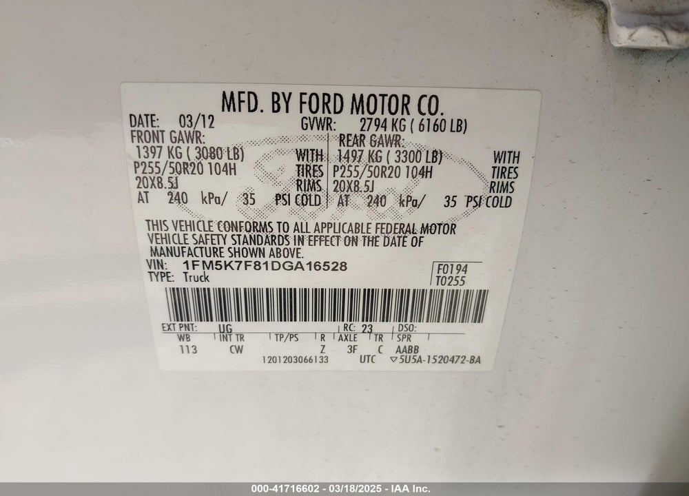 2013 FORD EXPLORER VIN: 1FM5K7F81DGA16528